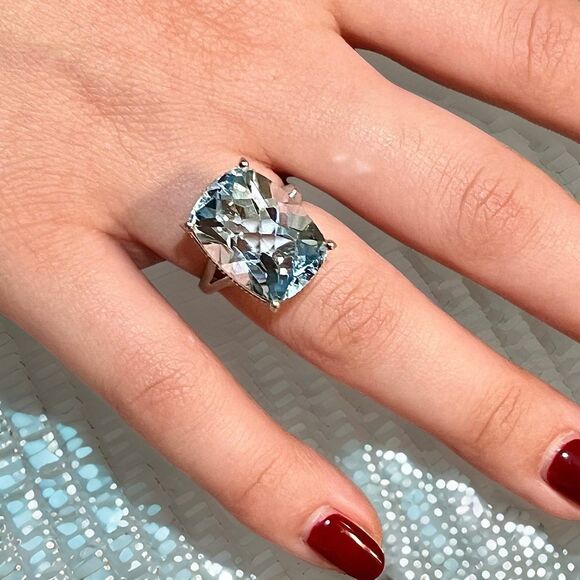 Natural Solitaire Blue Topaz Ring 6.5 14k WG 19.58 Cts Certified $3,950 310546 - Picture 14 of 16